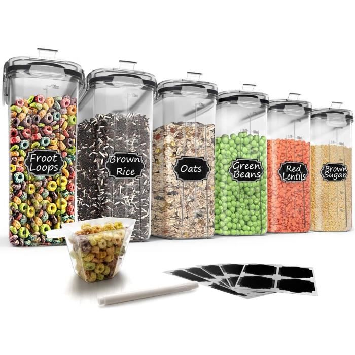 Ensemble de 6 récipients hermétiques avec contenance de 4 L et couvercle antifuites noir pour céréales et aliments secs (sucr 1248
