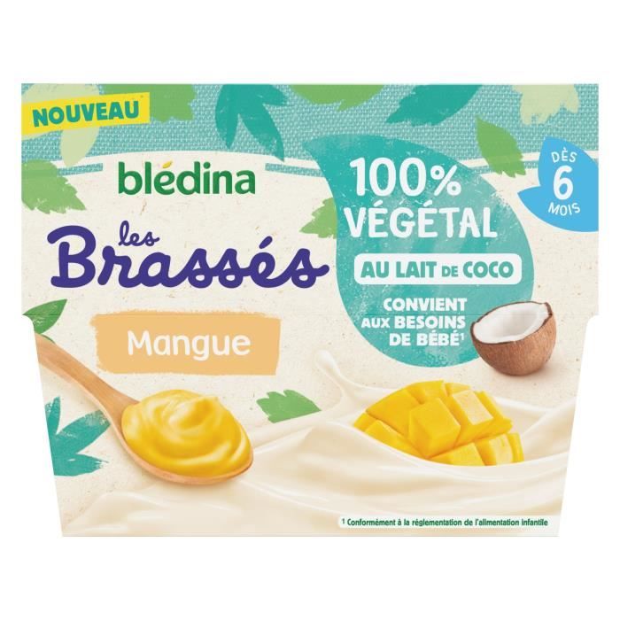 Blédina, Brassés 100% Végétal, Dès 6 Mois, Lait de Coco Mangue, 4x95g
