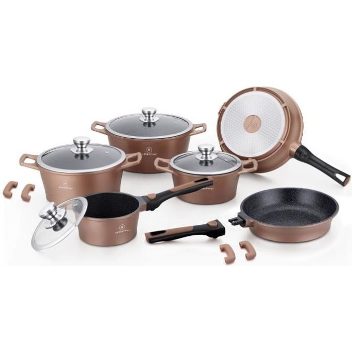 Batterie de Cuisine 14 pcs - Couvercle en verre - Avec poignée amovible - Revêtement antiadhésif - Sans PFAS - Couleur cuivre