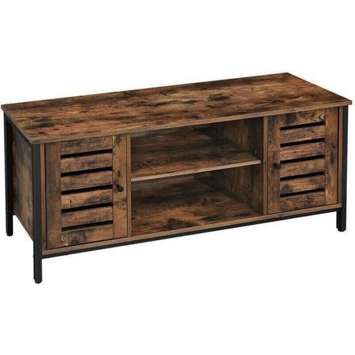 INDUSA - Meuble TV avec étagères et 2 portes de Rangement. Style Industriel, Marron Rustique et Noir