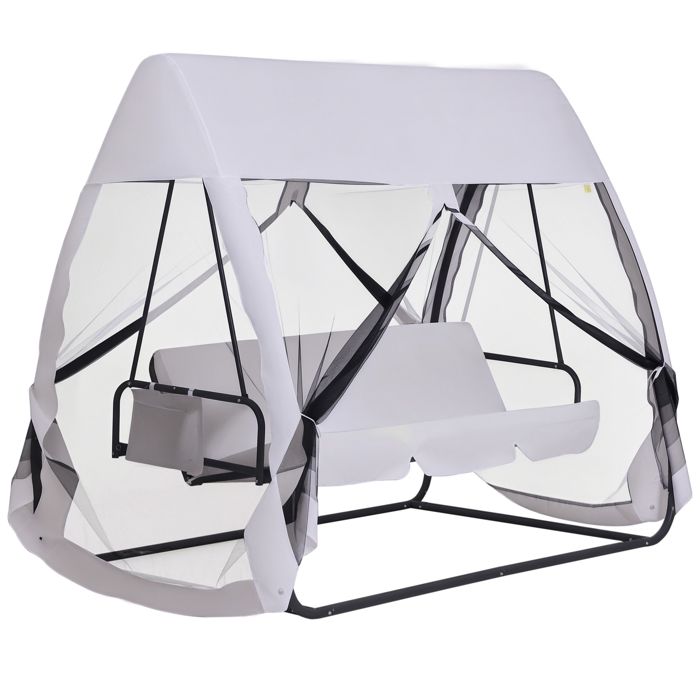 Balancelle de jardin convertible 3 places grand confort : matelas assise dossier, moustiquaire intégrale zippée avec toit, pochette