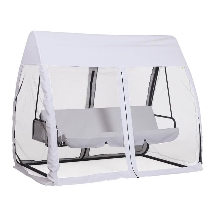 Balancelle de jardin convertible 3 places grand confort : matelas assise dossier, moustiquaire intégrale zippée avec toit, pochette