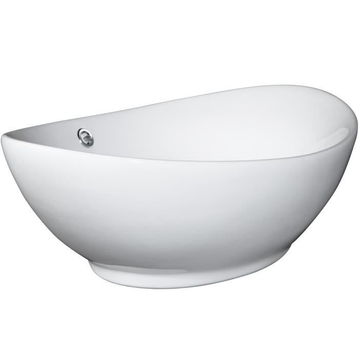 TECTAKE Vasque Salle de Bain à Poser Design en Céramique 58,5 cm x 38,5 cm x 19,5 cm Blanc