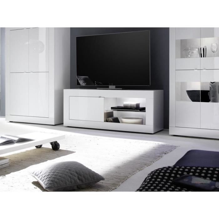 Meuble TV COMETE - avec LEDs - 1 porte et 1 niche - Blanc laqué