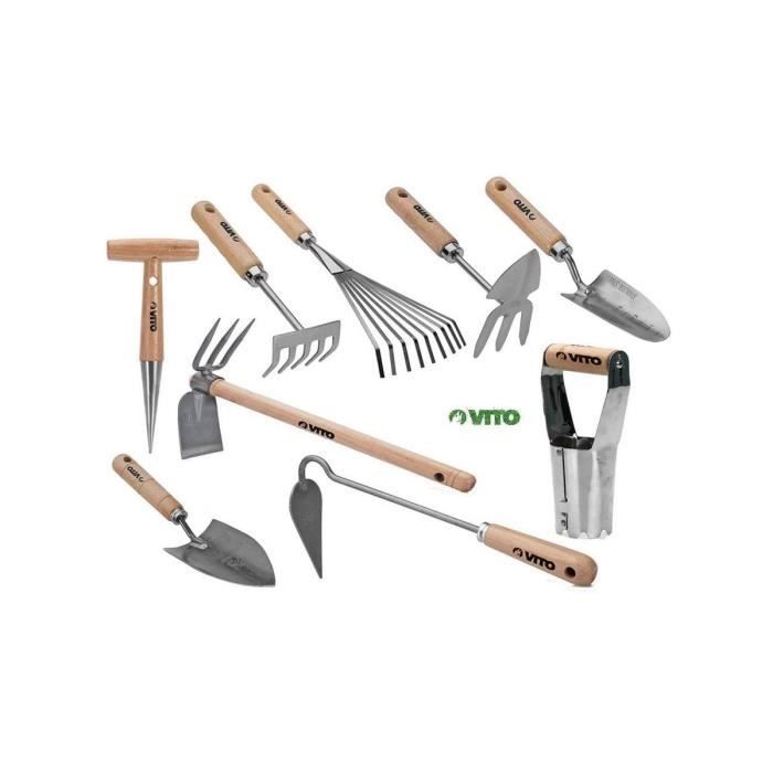 Kit 9 outils de jardin Manche bois VITOGARDEN Inox et Fer forgés à la main haute qualité Outils de jardin