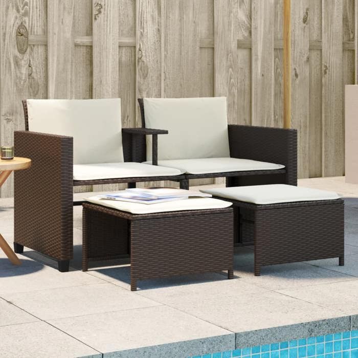 vidaXL Canapé de Jardin 2 Places avec Table et Tabourets Fauteuils avec Coussins Mobilier dExtérieur Patio Moderne 368417