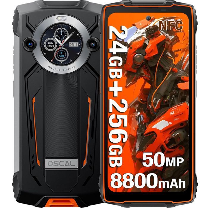 OSCAL PILOT2 Smartphone Robuste 24Go + 256Go 6.5 120Hz 50MP 8800mAh IP68 Téléphone Portable Incassable NFC GPS Double SIM 4G Orange