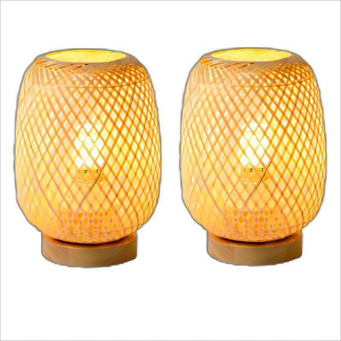 WOTTES Bambou Tressé Lampe De Chevet 2PCS BohèMe Lampe De Bureau Base En Bois Faite à La Main Créative Lampe de table 14*20CM
