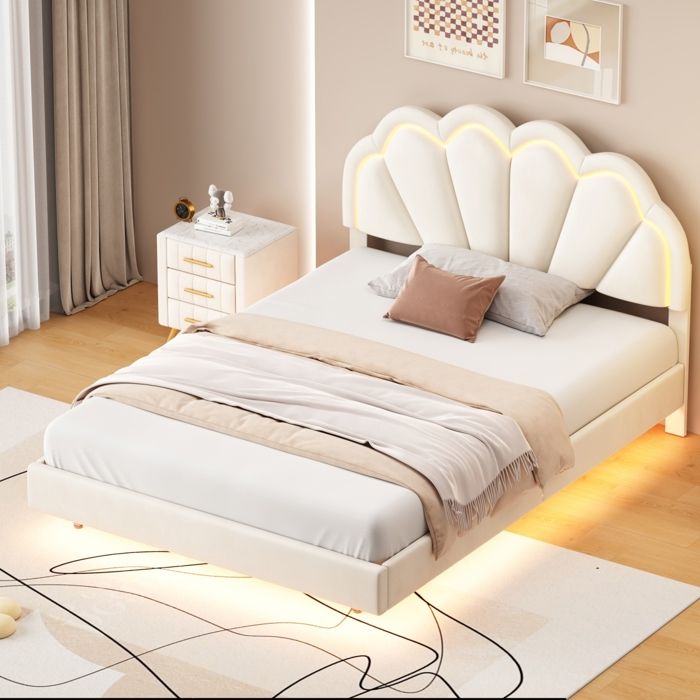Lit double - TANANT - Lit double capitonné - Beige velours - 140x200 cm - Sommier à lattes LED intégrée