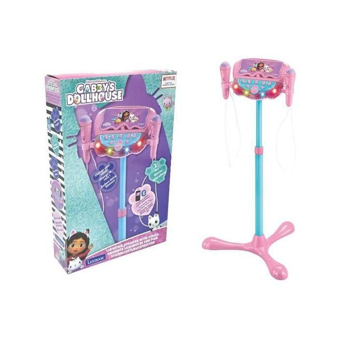 Microphone Gabby et la maison magique sur pied ajustable lumineux avec enceinte 2 Micros et Effets vocaux Enceinte Bluetooth