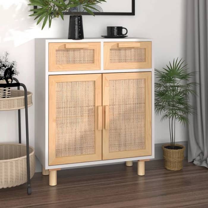 Buffet Blanc En Pin Massif Et Rotin Naturel - 60x30x70 Cm - Neuf