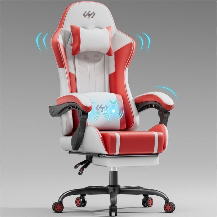 ECOFURNIX Chaise Gaming avec Coussin Lombaire Massant et Repose-Pieds Fauteuil ergonomique à ressorts ensachés Rouge et Blanc