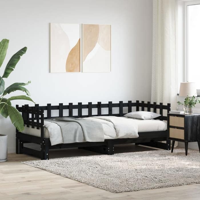 SALE 2025Lit coulissant/Lit Gigogne - Lit 2 personnes - noir 2x(90x190) cm Bois massif 30 Kg 9150