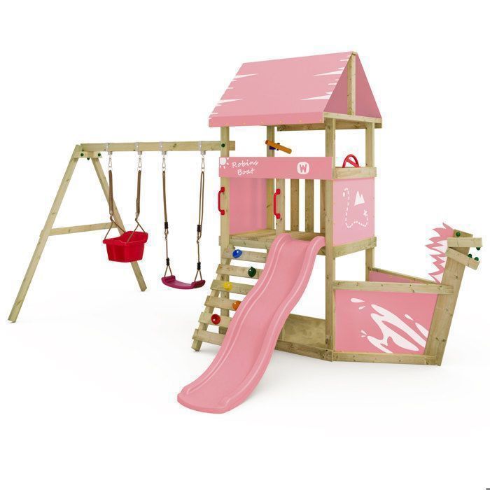 Aire de jeux WICKEY DinkyHouse – Toboggan rose pastel balançoire avec siège bébé en forme de bateau viking pour les tout-petits