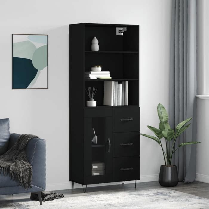 SALE 2025Armoire haute vitrine - Bibliothèque Buffet haut - Noir 69 5x34x180 cm - bois dingénierie 47 17 Kg 9047