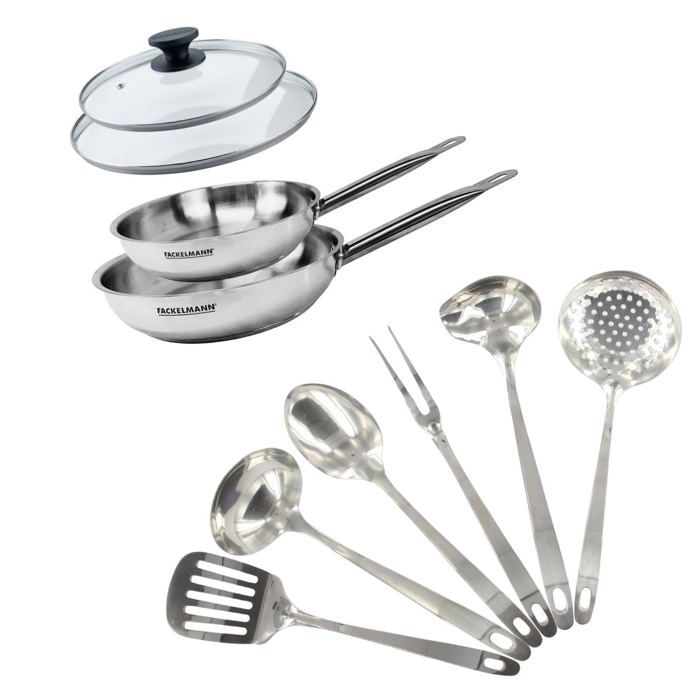 Set de 2 poêles 20 et 24 cm en inox 2 couvercles verre et 6 ustensiles inox Fackelmann Eterna Set de 2 poêles 20 et 24 cm en inox 2 couvercles verre et 6 ustensiles inox Fackelmann Eterna