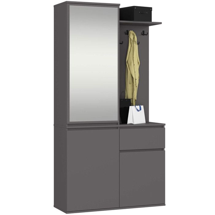 Ensemble de meubles dentrée ENTRO Gris Graphite avec armoire et miroir 95 cm 3 portes 1 tiroir 7 étagères 95x35x183 cm Ensemble de meubles dentrée ENTRO Gris Graphite avec armoire et miroir 95 cm 3 portes 1 tiroir 7 étagères 95x35x183 cm