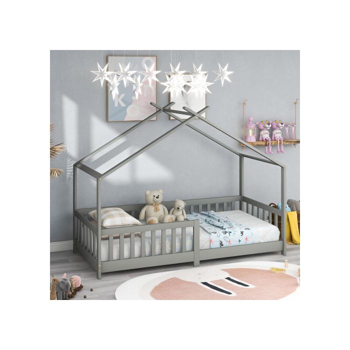Lit cabane enfant - SOGEU - Modèle Maisons - Bois massif - 90 x 200 cm - Barrière de sécurité