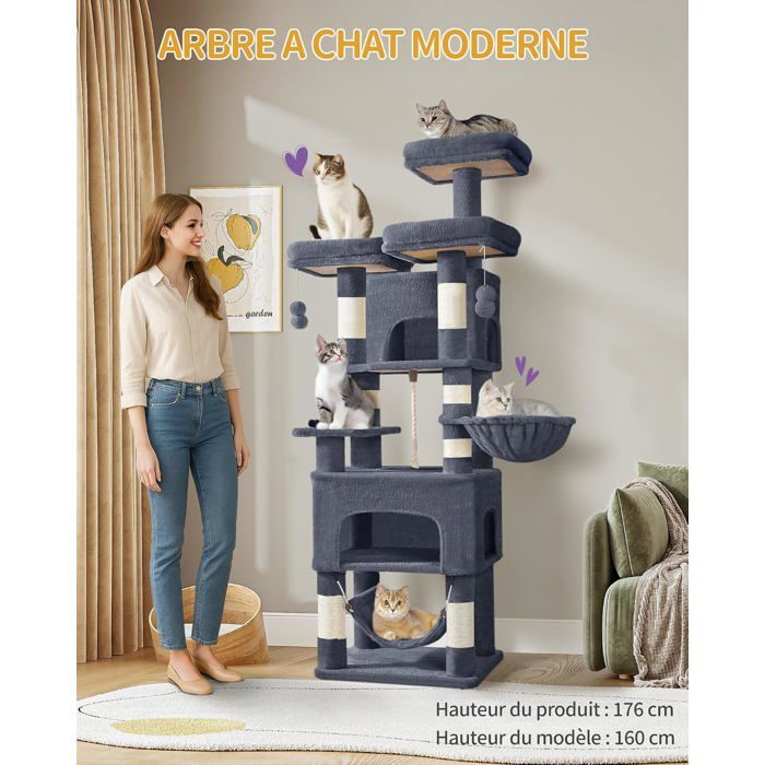 Meilleurs prix pour Grand Arbre à Chat Hauteur 176 cm avec 7 Griffoirs 3 Plateformes 2 Niches Hamac Pompons pour Familles Multi-Chats Gris Foncé