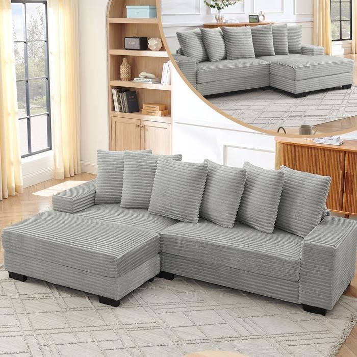 Canapé dangle Reversible 3/4 places Canapé 3 places canapé modulable2565x1335x89 cmvelours côtelé6 coussins inclusgris