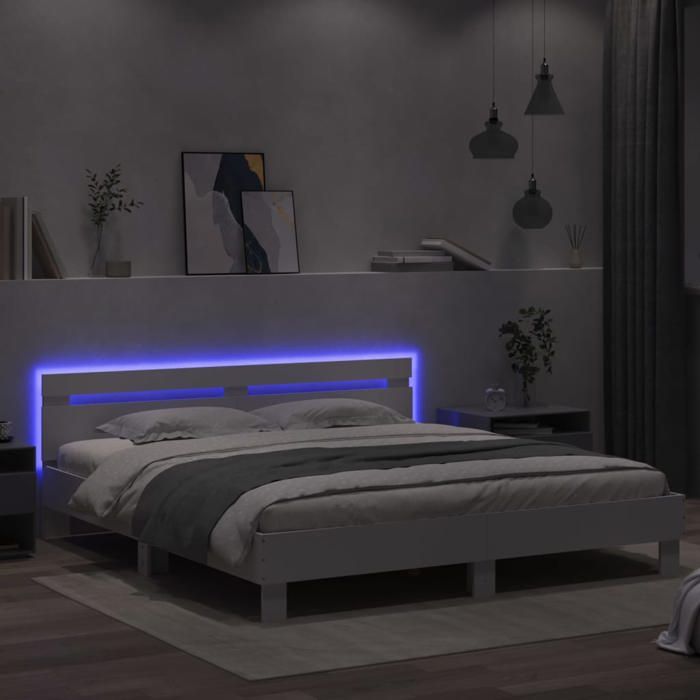 Structure de lit avec LED - UU - Blanc - 200x200 cm - Bois dingénierie - Lattes en contreplaqué - LED RVB