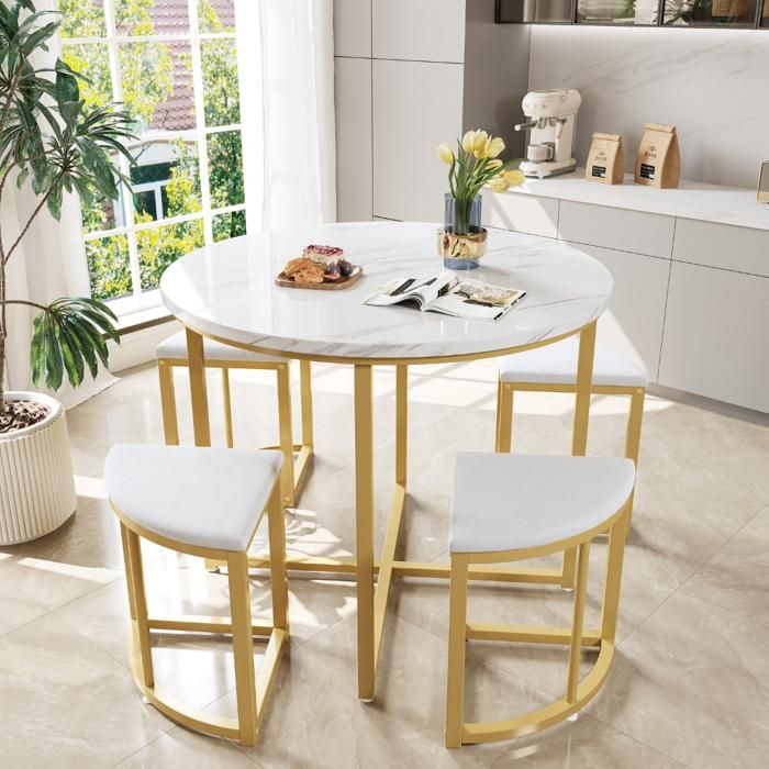 MODENUIT Ensemble Table à manger 80x80x75 cm ensemble 4 chaises plateau MDF cadre métal doré chaises velours Blanc et doré