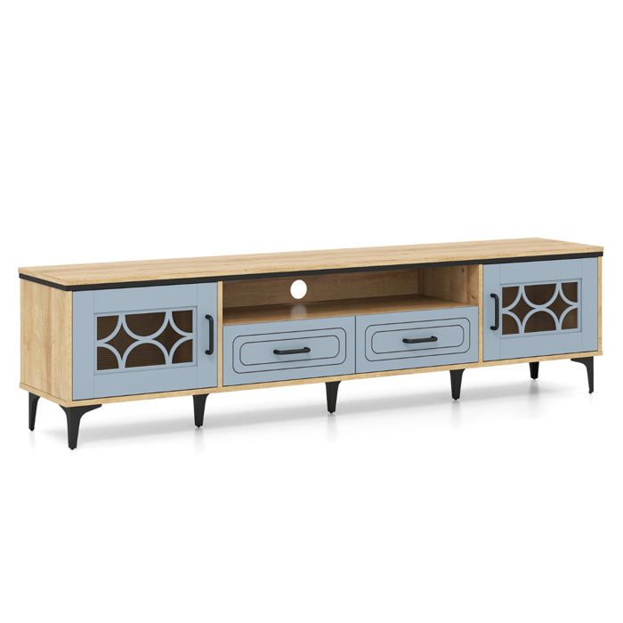 Meuble TV - HELLOSHOP26 - 1805x35x46 cm - Chêne et bleu gris - Rangement polyvalent - Pieds métalliques
