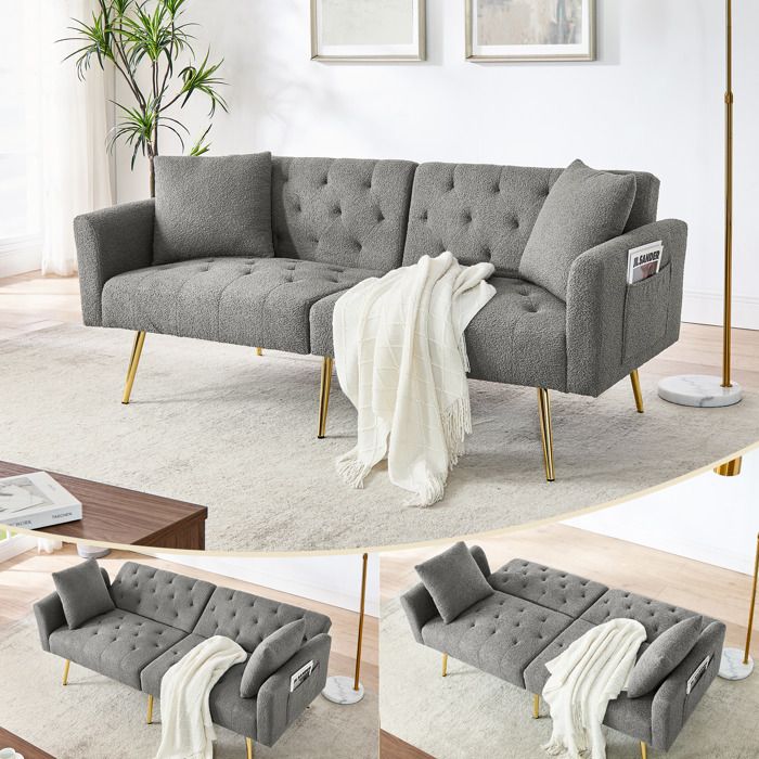 Canapé moderne en peluche Teddy - Dossier réglable à 3 niveaux - 2 coussins inclus - Pieds en métal - Gris