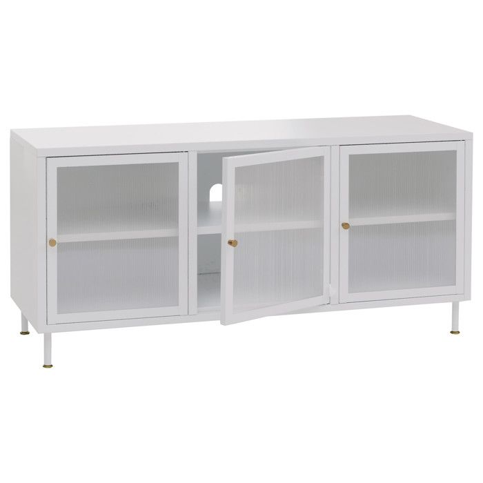 Meuble TV HWC-O87 meuble TV bas buffet portes compartiments de rangement style industriel métal verre cannage 58 Meuble TV HWC-O87 meuble TV bas buffet portes compartiments de rangement style industriel métal verre cannage 58
