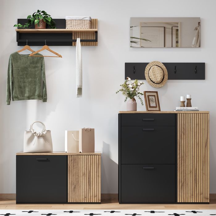 Ensemble Meuble dEntrée – 5 Pièces – Meuble à Chaussures avec Banc Miroir Crochets et Étagère pour Hall dEntrée - Noir Ensemble Meuble dEntrée – 5 Pièces – Meuble à Chaussures avec Banc Miroir Crochets et Étagère pour Hall dEntrée - Noir