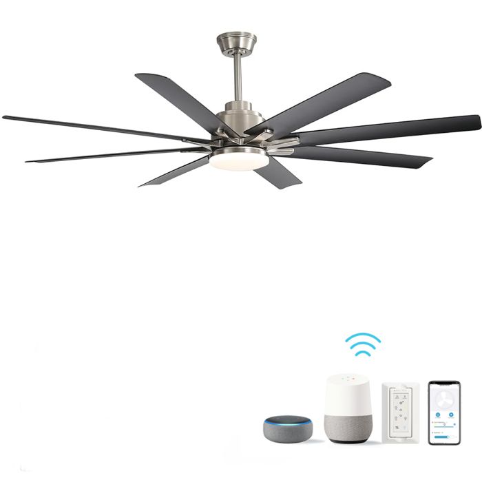 Ventilateur de plafond intelligent 168 cm avec LED dimmable moteur DC réversible silencieux ABS nickel brossé - Desviae