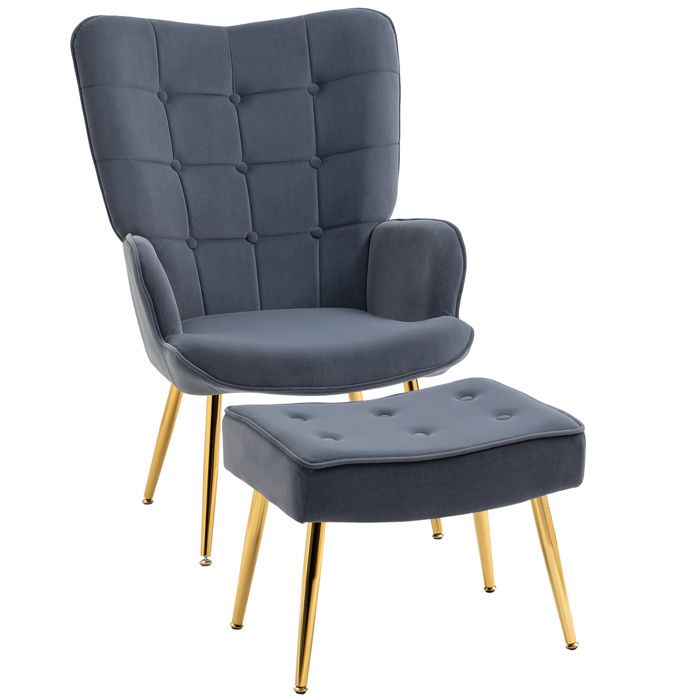 Fauteuil avec repose-pied - HOMCOM - capitonné avec dossier haut - pieds en acier doré et tissu velours - 71 x 77 x 99 cm - gris