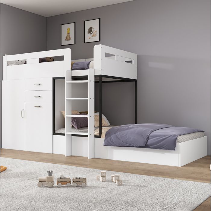 Lit superposé enfant avec bureau coulissant armoire tiroirs et étagères