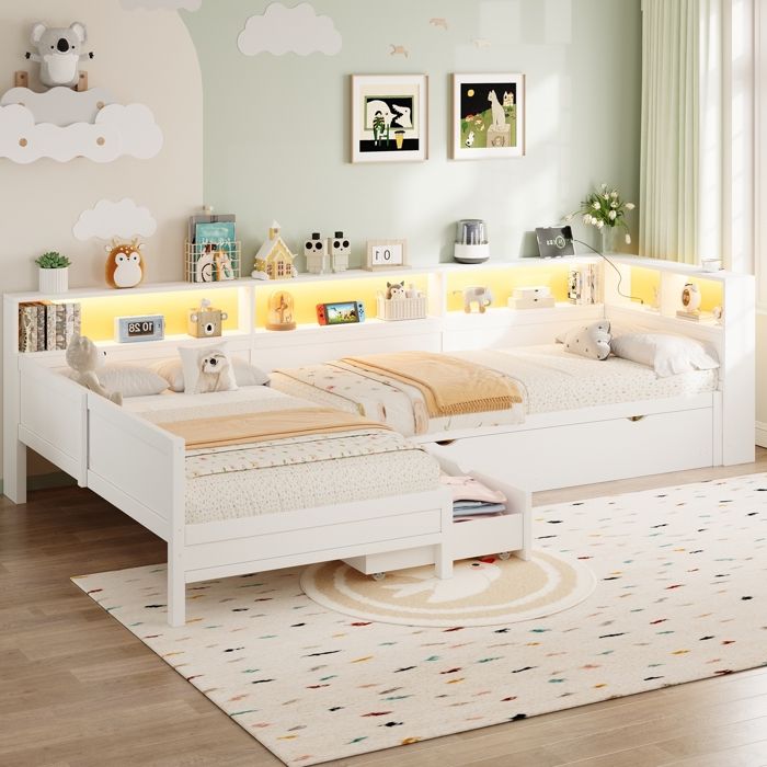 Lit pour Enfant 90x200cm Lit en Bois en forme de L avec Lit Gigogne et Tiroir Multifonctionnel Grand Espace de Rangement Blanc