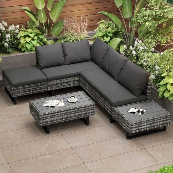Salon de jardin extérieur - O.Ye - Modulable - 4-5 places - Dossier inclinable 5 Gris dégradé (pieds noirs a VAPORISATEUR DE SALON