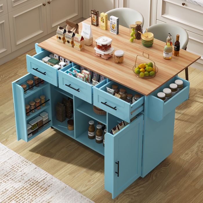 Buffet de cuisine 139x46(71)x91.5 cm avec plan de travail rabattable Buffet salle a manger avec roulettes Buffet bas en bleu