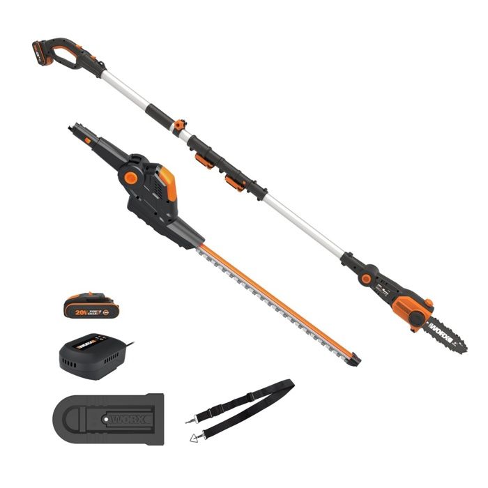 Taille haies sur perche + elagueuse WORX 20V 2 AH WG908E.1