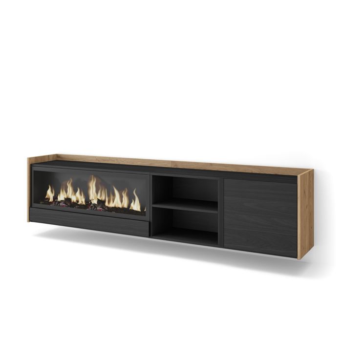Meuble TV Banc Télé 212x35x50cm Pour les TV jusquà 80 Cheminée électrique XXL Suspendu Mural Noir et chêne RF4461