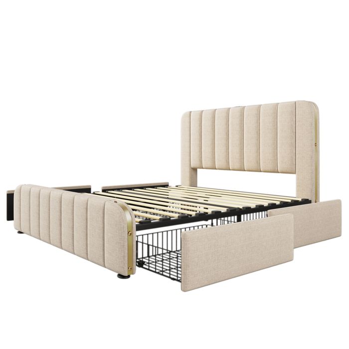 Lit rembourré 2 places - N616P180176B - 160x200 cm - Lin beige - 4 tiroirs & USB/Type-C