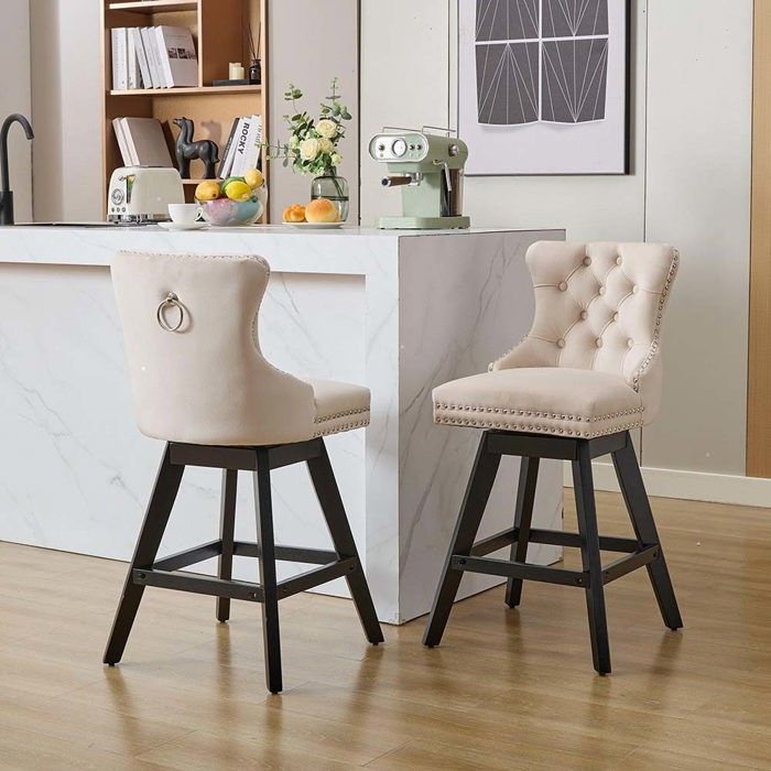 Tabouret de bar - Lot de 2 - Pivotant 360° - Capitonné beige - Pieds bois hévéa