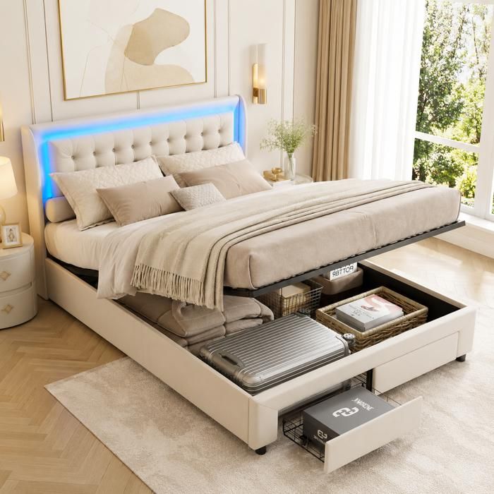Lit coffre hydraulique 140x190 avec 2 tiroirs de rangement - Tête de lit rembourrée avec Lumières LED - Sommier à lattes - Velours
