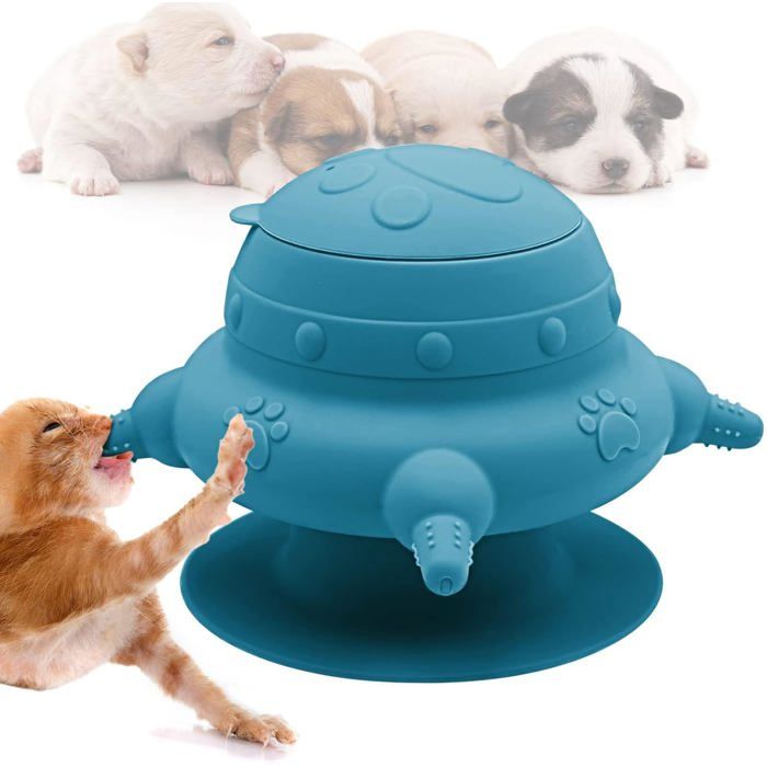 Distributeur de lait pour chiots et chatons nouveau-nés silicone alimentaire 4 tétines base ventouse anti-fuite bleu