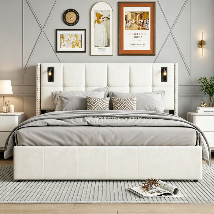 Lit coffre 140x200 cmlit doublelit adultelit adolescentlampe de lecturetête de lit rembourréesommier lattesveloursbeige