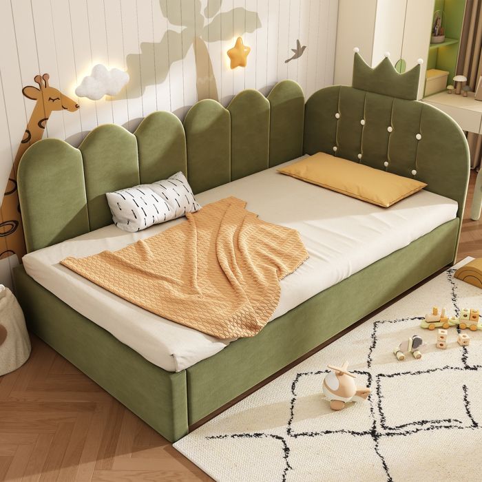 Lit Gigogne 90x200 cm - FloraGrace avec Lit Tiroir structure reversible et dossier rembourré sans Matelas - Vert