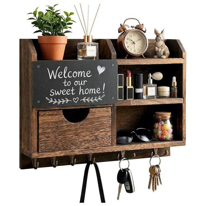Porte-clés Mural en Bois et Métal avec Étagère Support Clés et Courrier pour Entrée Couloir et Bureau Crochets pour C PORTE-MANTEAU