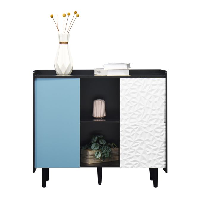 ULEVR buffet de cuisine moderne 90 x 40 x 80 cm avec 2 tiroirs et rangement ouvert placard polyvalent noir et bleu