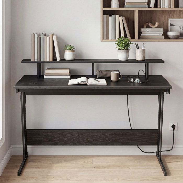 Bureau avec LED et Prise Électrique Intégrée Support pour Moniteur pour Poste Double 120 x 55 x 90 cm Noir