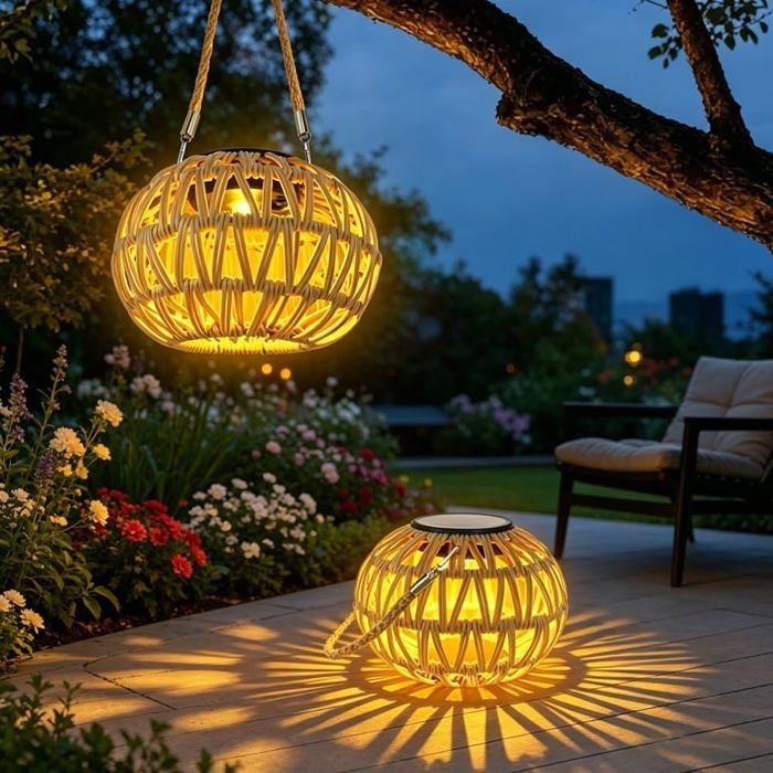 Lot de 2 lampes solaires en rotin - Lampes solaires pour lextérieur - Lampe suspendue solaire Ra-Ttan - Lampe bohème
