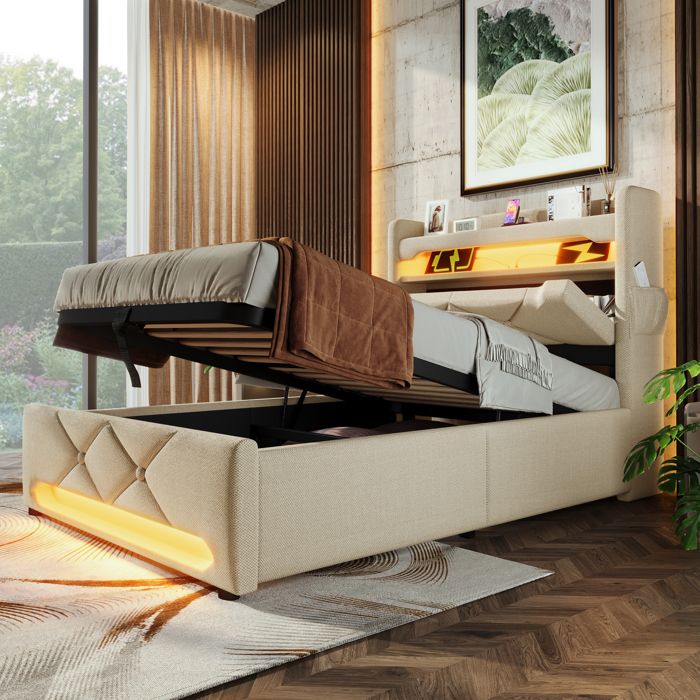 Lit simple rembourré avec rangement - Dimensions 90x200 cm - Rangement tête de lit avec USB et Type C