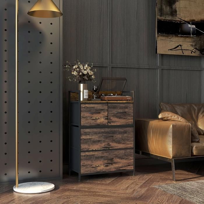 Commode Chiffonnier - 85x60x29cm - Meuble de Rangement Style Industriel avec 4 Tiroirs en Tissu - Marron Rustique